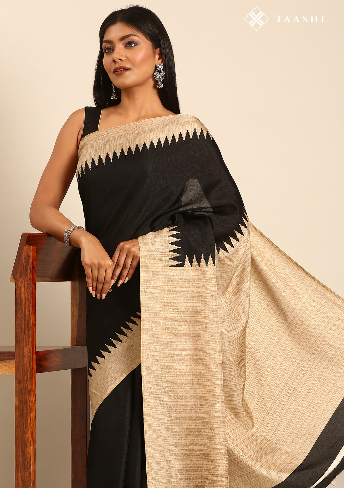 Black Temple Border Printed Tussar Saree