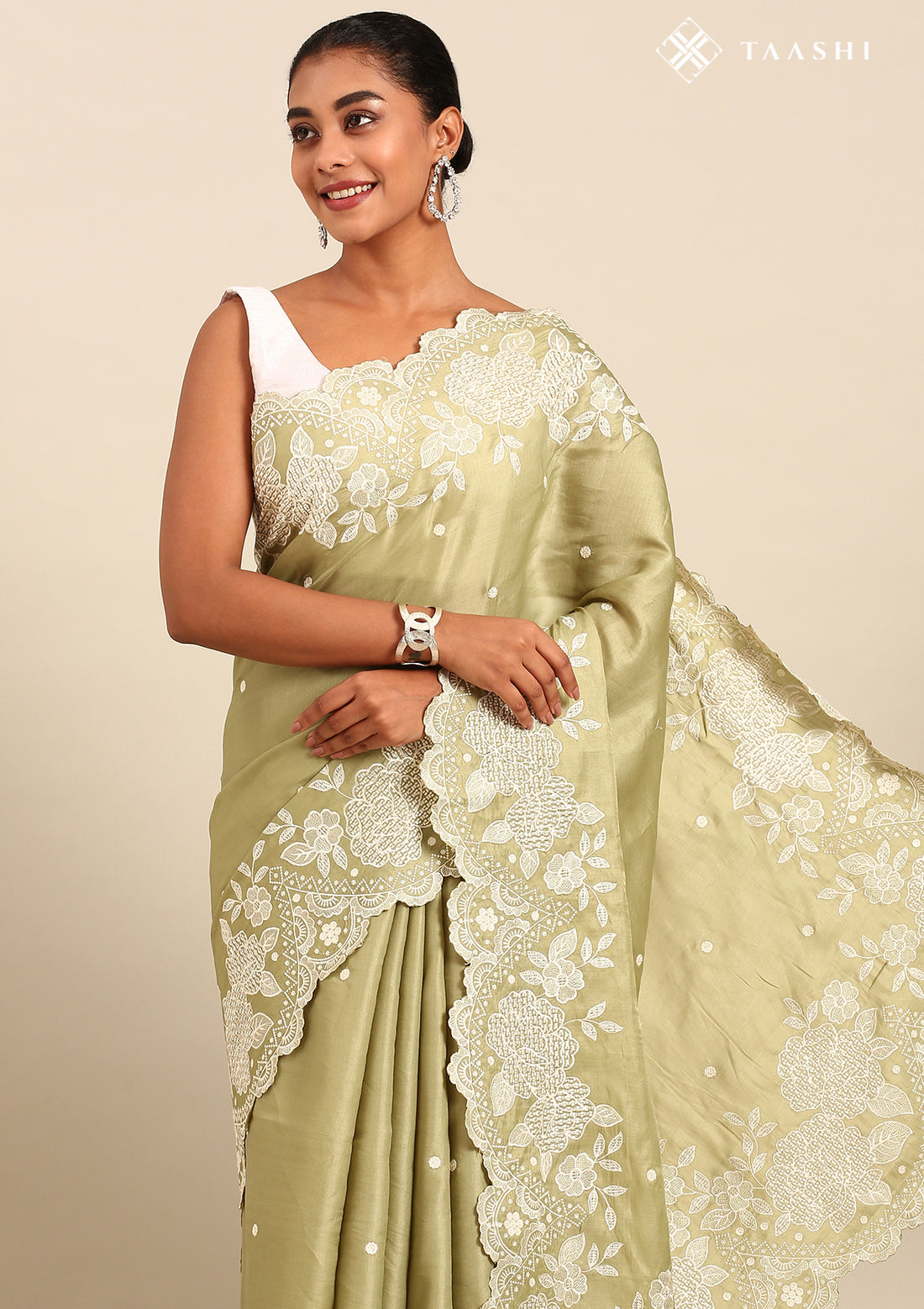 Pastel Green Floral Embroidered Tussar Saree