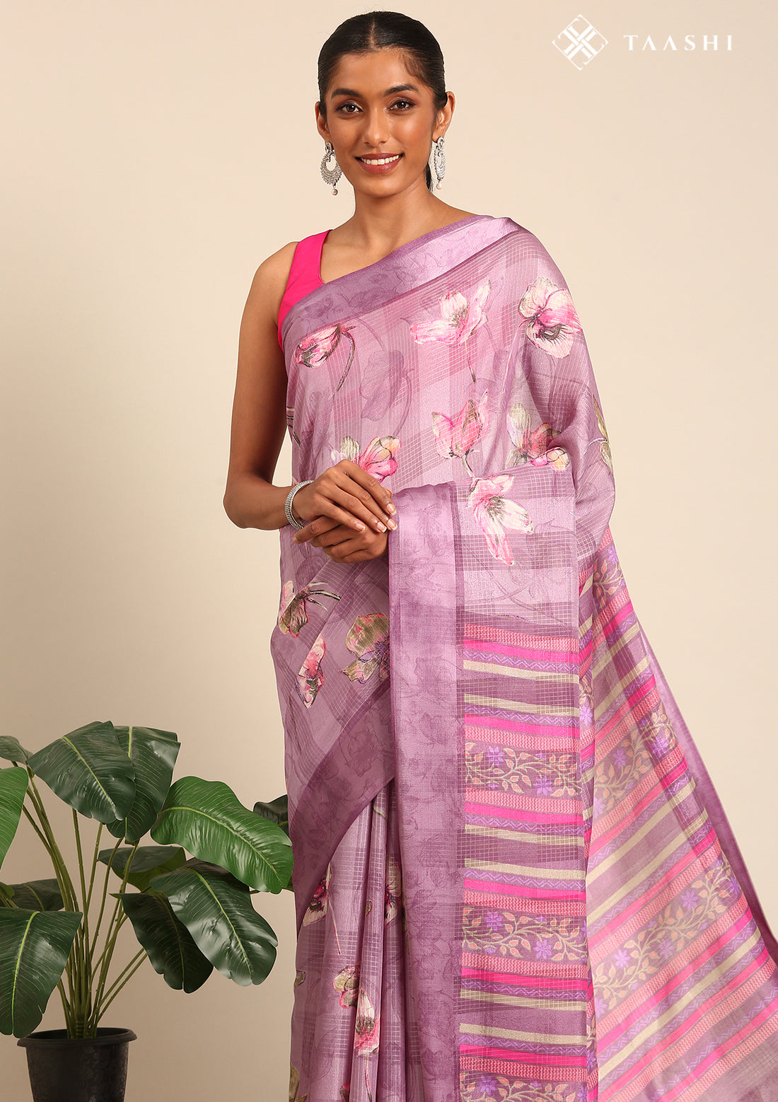 Purple Watercolor Floral Printed And Plaids Woven Linen Saree