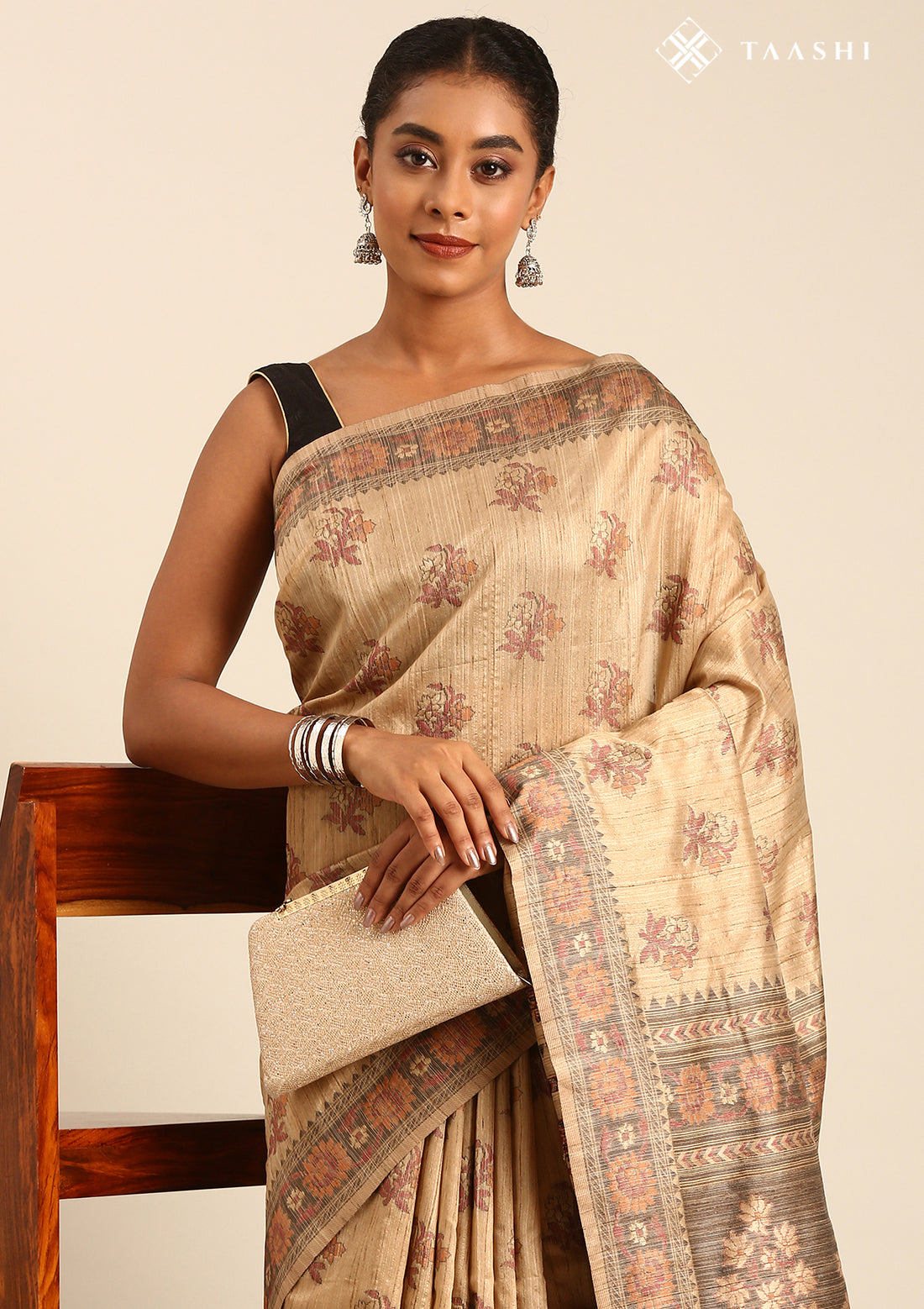 Beige Mughal Floral Woven Pattern Tussar Saree