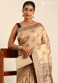 Beige Mughal Floral Woven Pattern Tussar Saree - Taashi
