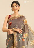 Dusty Dark Grey Floral Printed Tussar Saree - Taashi
