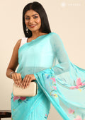 Sky Blue Multicolor Floral Printed Georgette Saree - Taashi