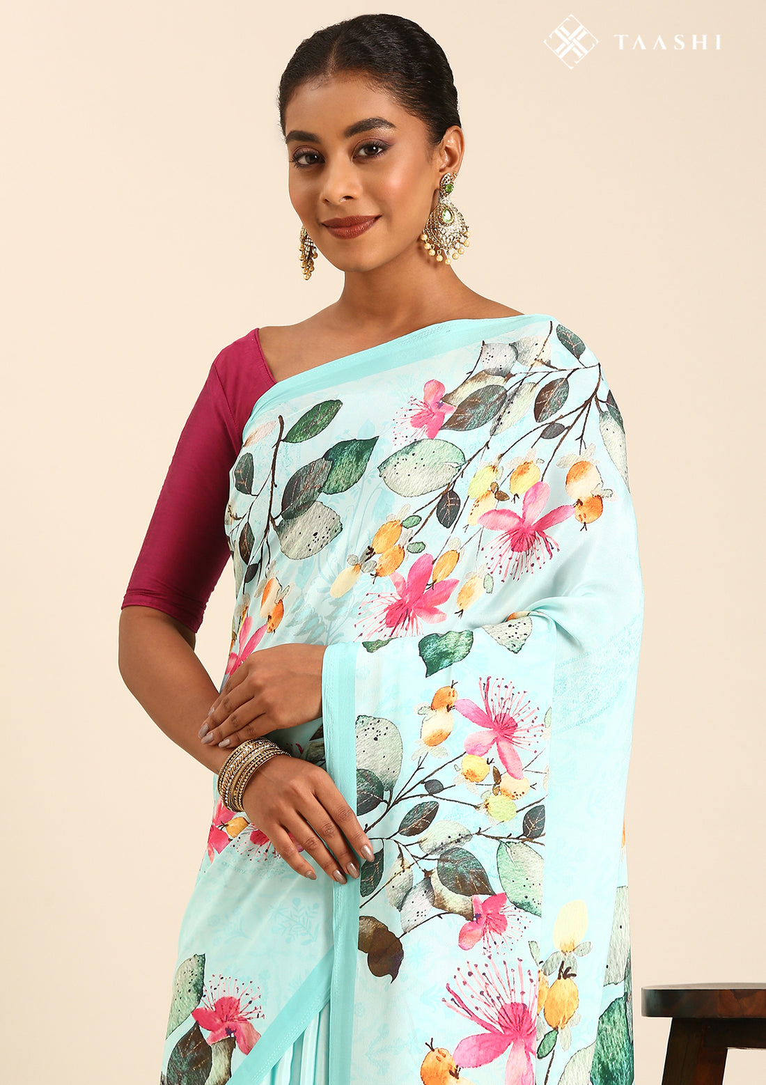 Sky Blue Multicolor Watercolor Floral Printed Crepe Saree