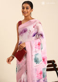Pastel Pink Watercolor Floral Printed Georgette Saree - Taashi