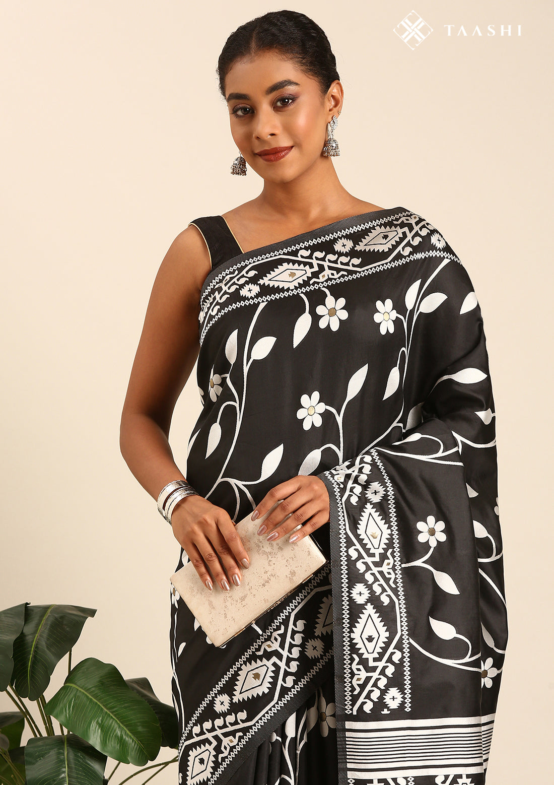 Black And White Floral And Tribal Pattern Woven Tussar Saree