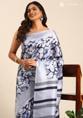 Navy Blue Floral Printed Art Tussar Matka Silk Saree - Taashi