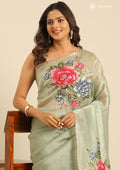 Pista Green Tissue Saree EmboideRed On The Pallu - Taashi