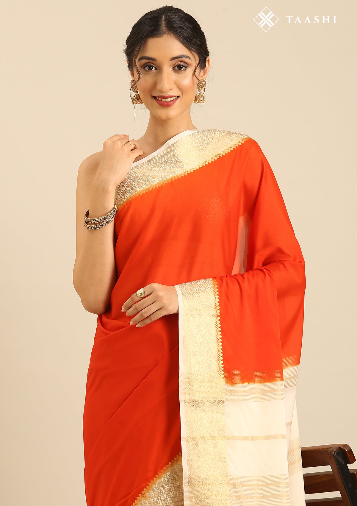 Orange Crepe Saree With Zari Border - Taashi