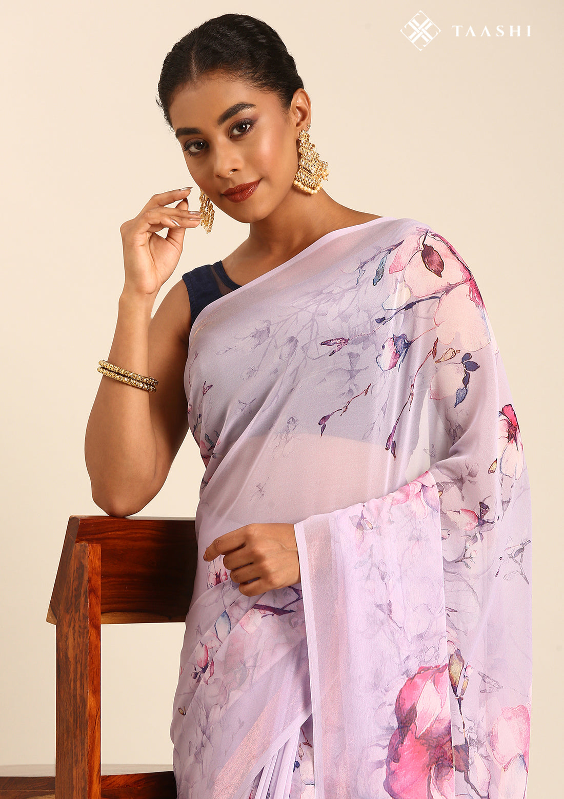 Pastel Lavender Watercolor Floral Printed Georgette Saree