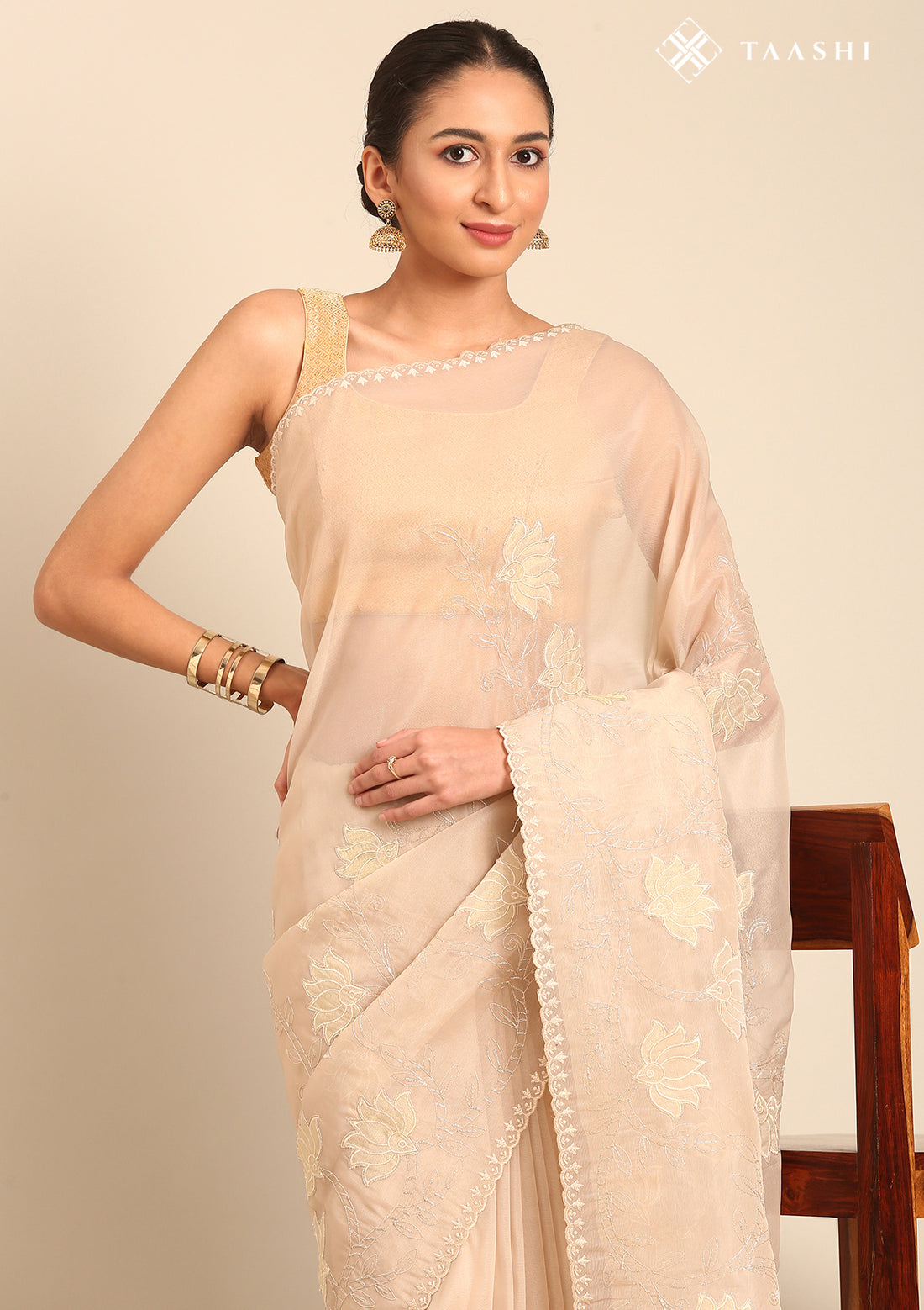 Cream Lotus Embroidered Tussar Saree