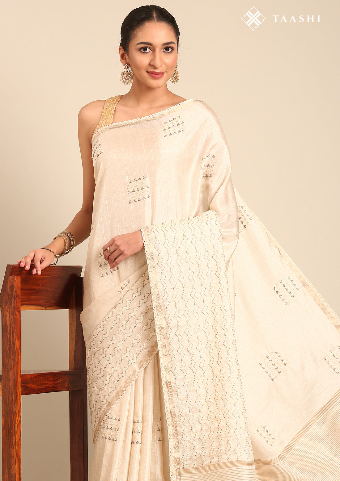 Cream Fancy Embroidery Tussar Saree