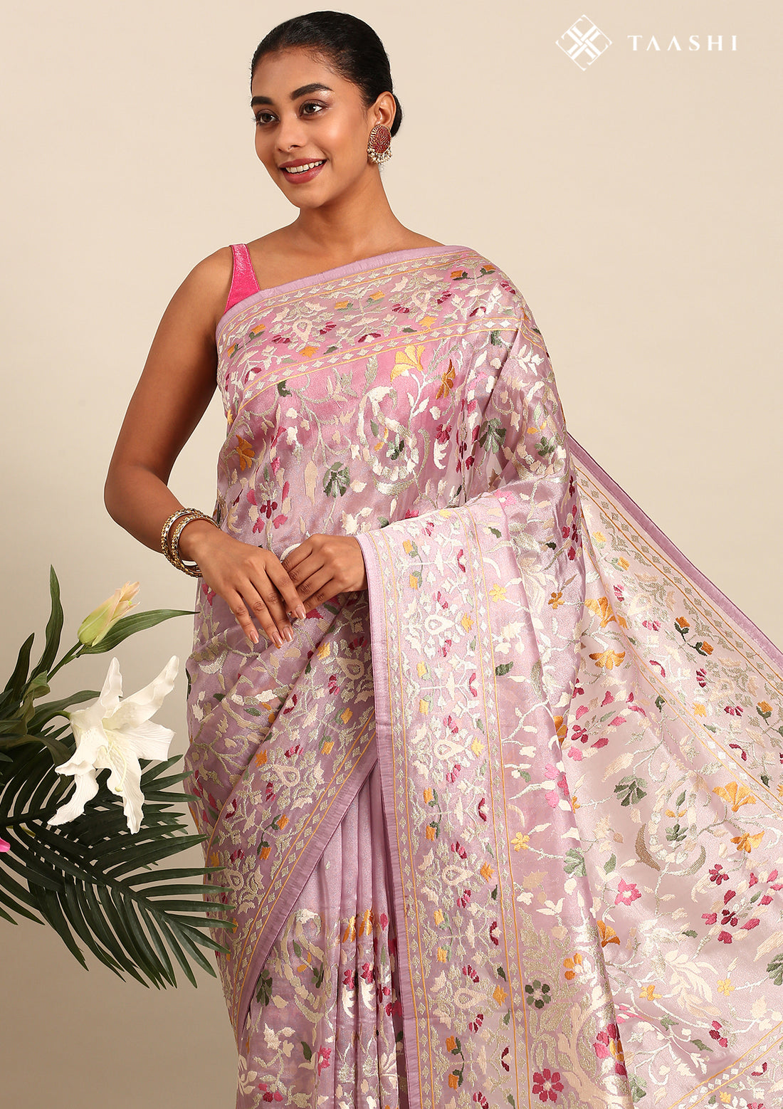 Mauve A/O Floral Embroidered Tissue Saree