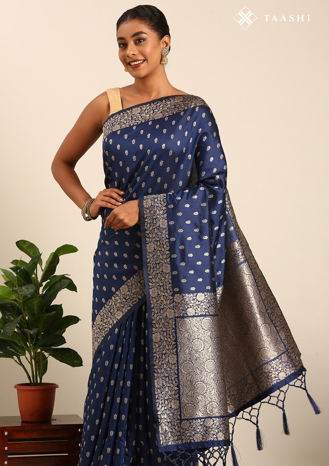 Navy Blue Butta Woven Tussar Saree