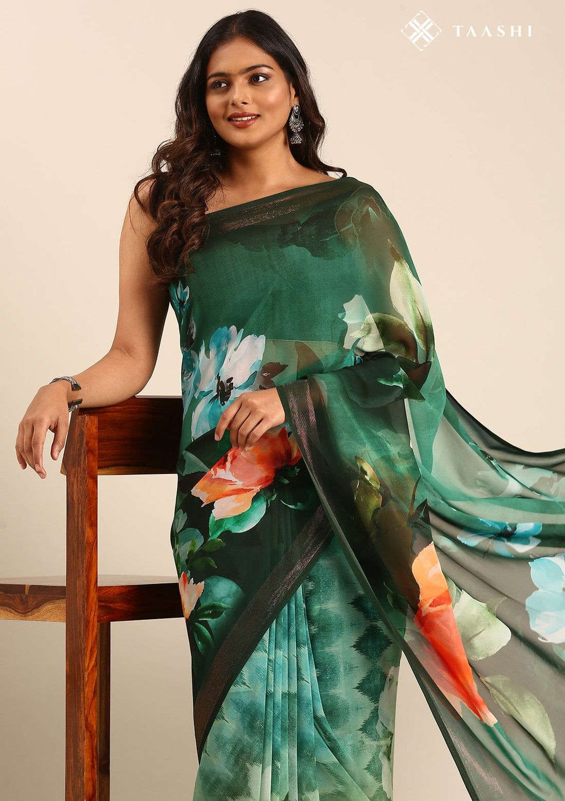 Forest Green Georgette Contemporary Printed Saree