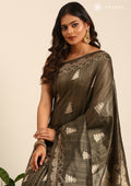 Dusty Green Zari Floral Butta Tussar Saree - Taashi