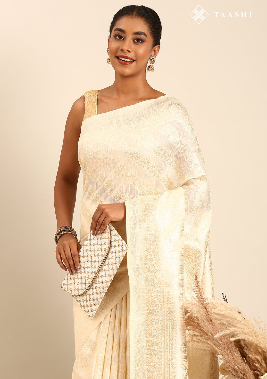 Cream Tussar Contemporary Woven Saree