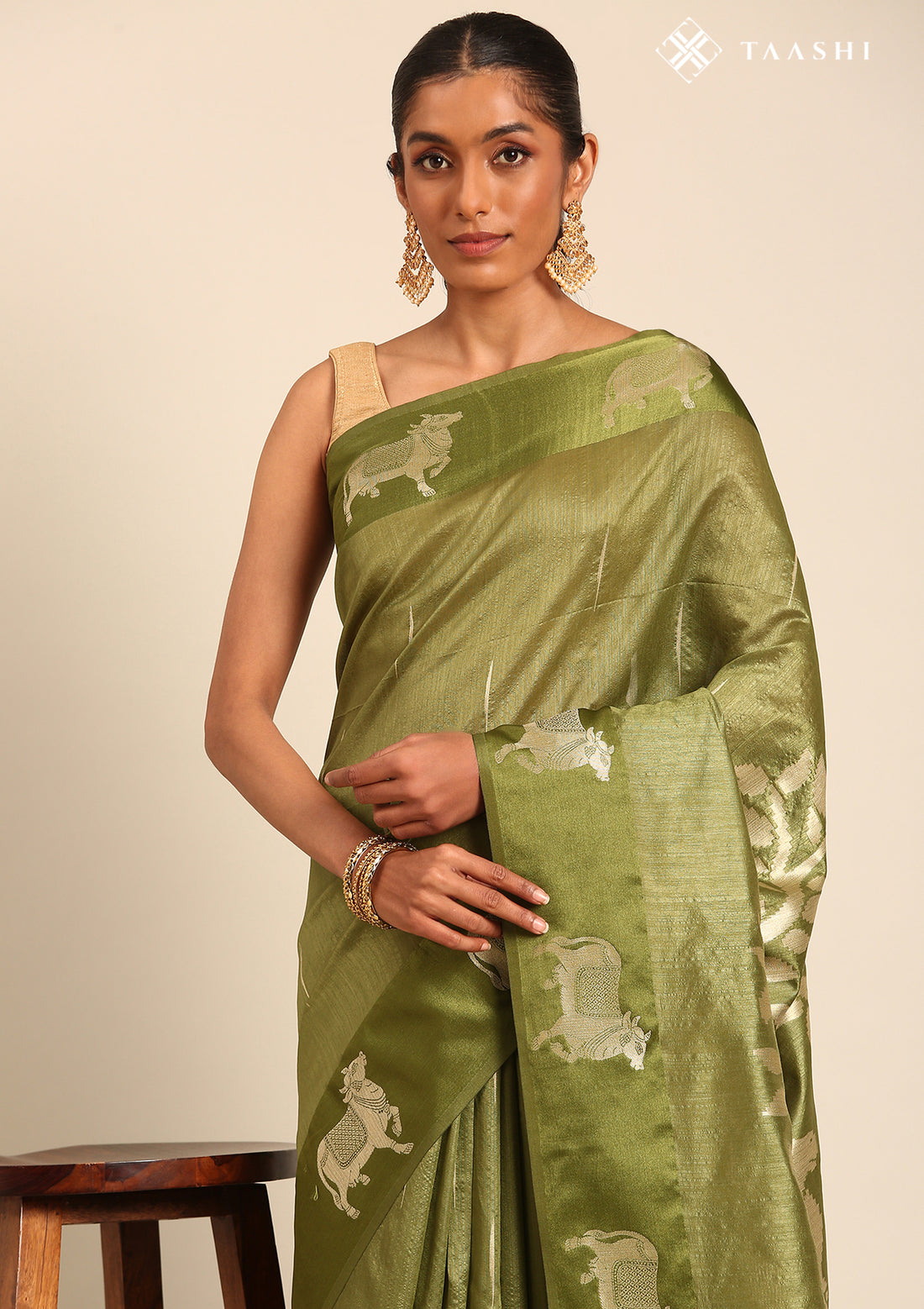 Olive Green Jacquard Pattern Placement Tussar Saree