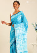 Blue Batik Elephant Printed Cotton Saree - Taashi