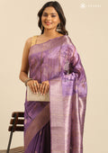 Mauve Zari Woven And Floral Printed Organza Saree - Taashi