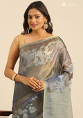 Brown Floral Print With Neutral Color Printed Tissue Saree - Taashi