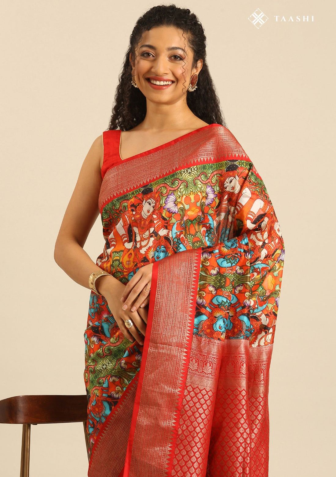 Orange Pure Silk Mural Printed Saree