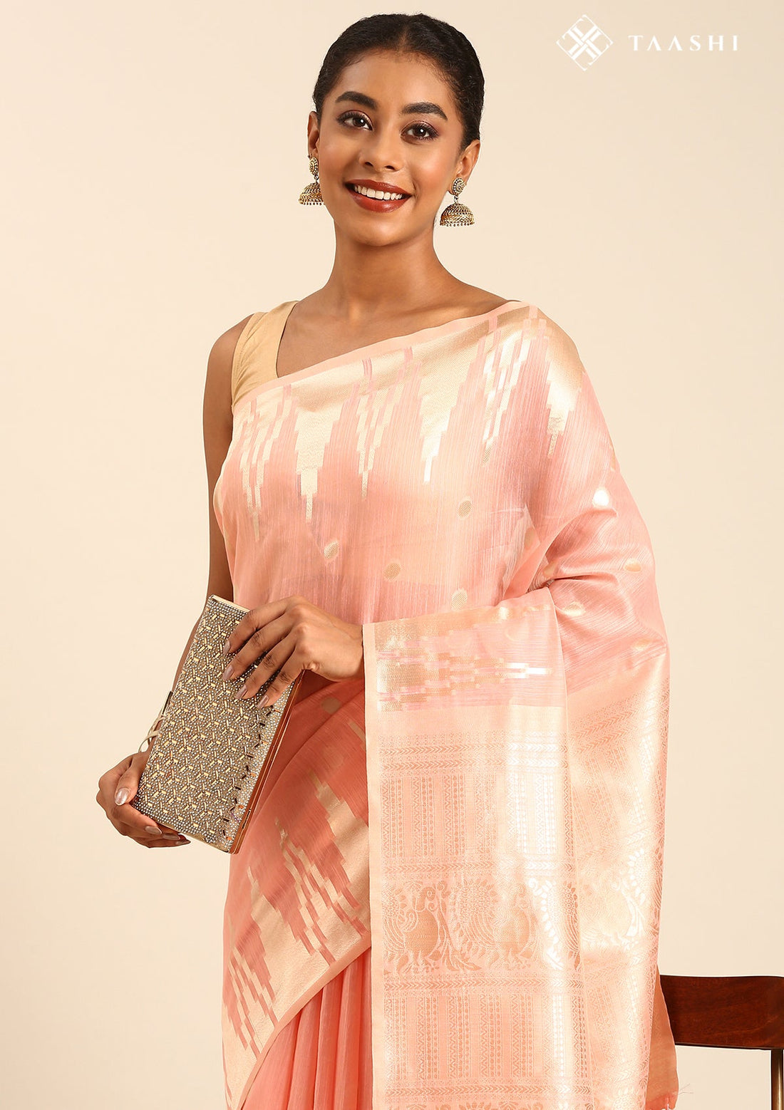 Pastel Peach Tussar Contemporary Woven Saree