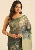 Sage Green Floral Print With Neutral Color Printed Tissue Saree - Taashi