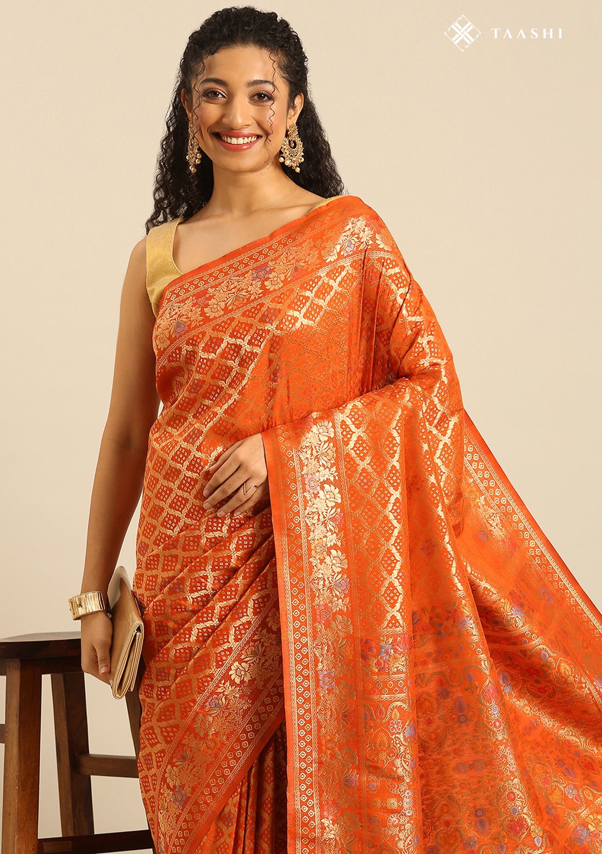 Orange Semi Banarasi SIlk Saree