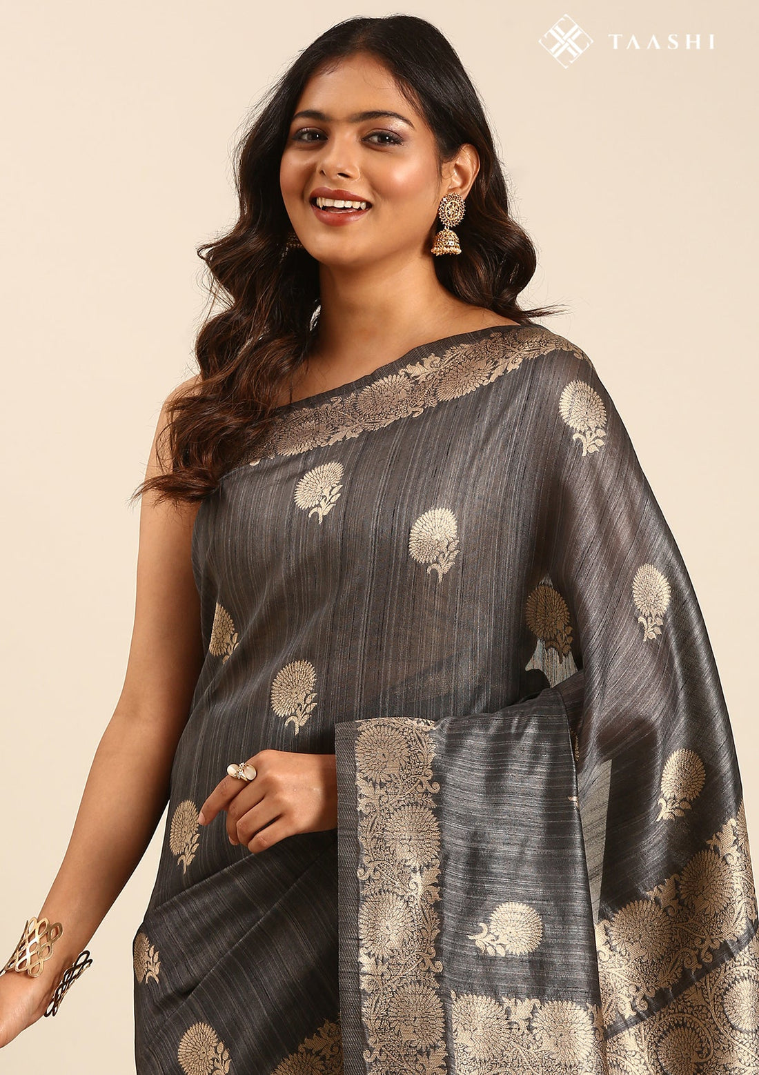 Dark Grey Tussar Contemporary Woven Saree