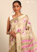 Pastel Olive Green Watercolor Floral Printed And Plaids Woven Linen Saree - Taashi