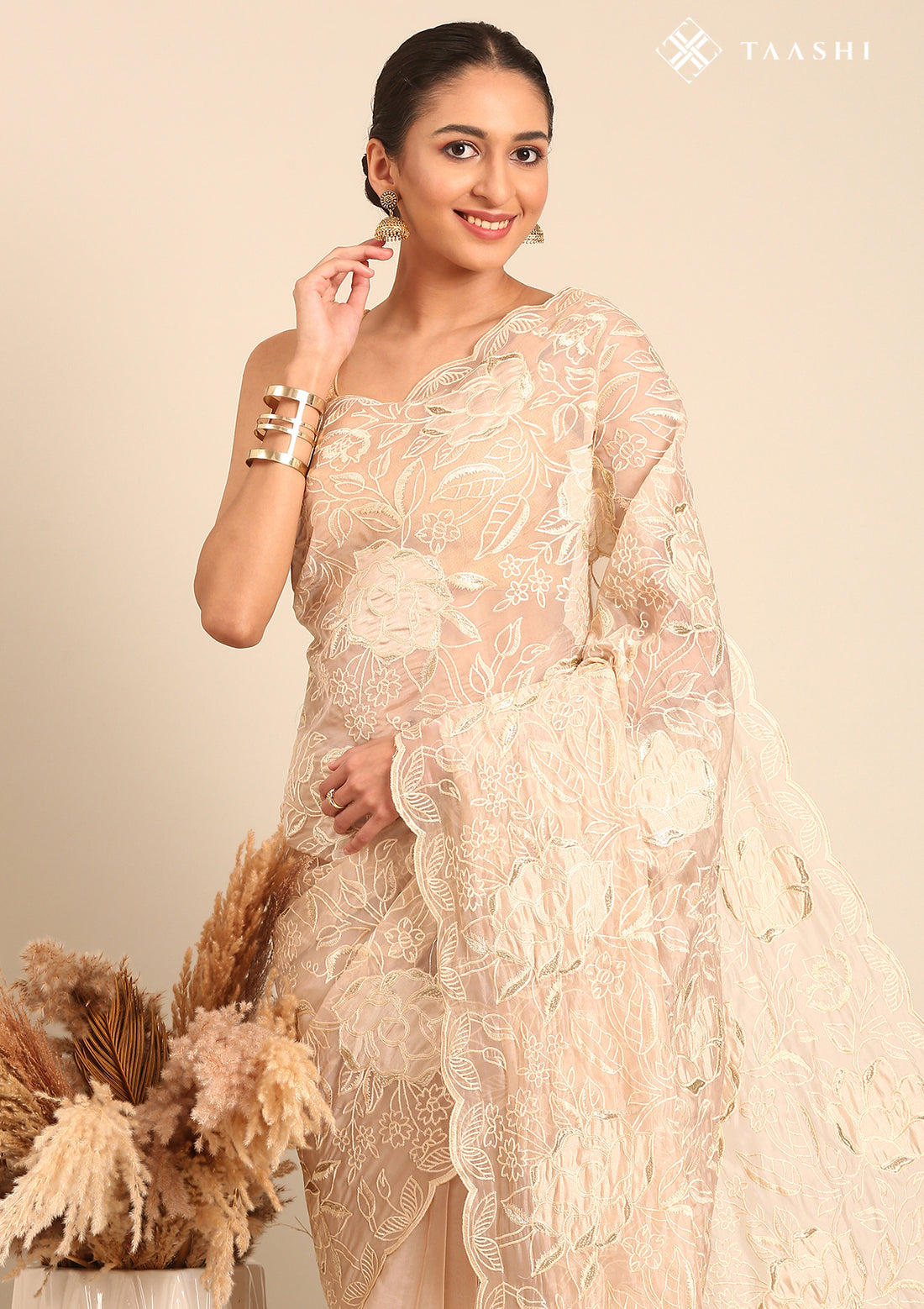 Cream A/O Floral Embroidered Tussar Saree