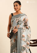Grey Floral Printed Georgette Saree - Taashi