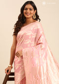 Pastel Pink Geometric Floral Woven Tussar Saree - Taashi