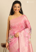 Pastel Pink Floral Printed Zari Woven Organza Saree - Taashi