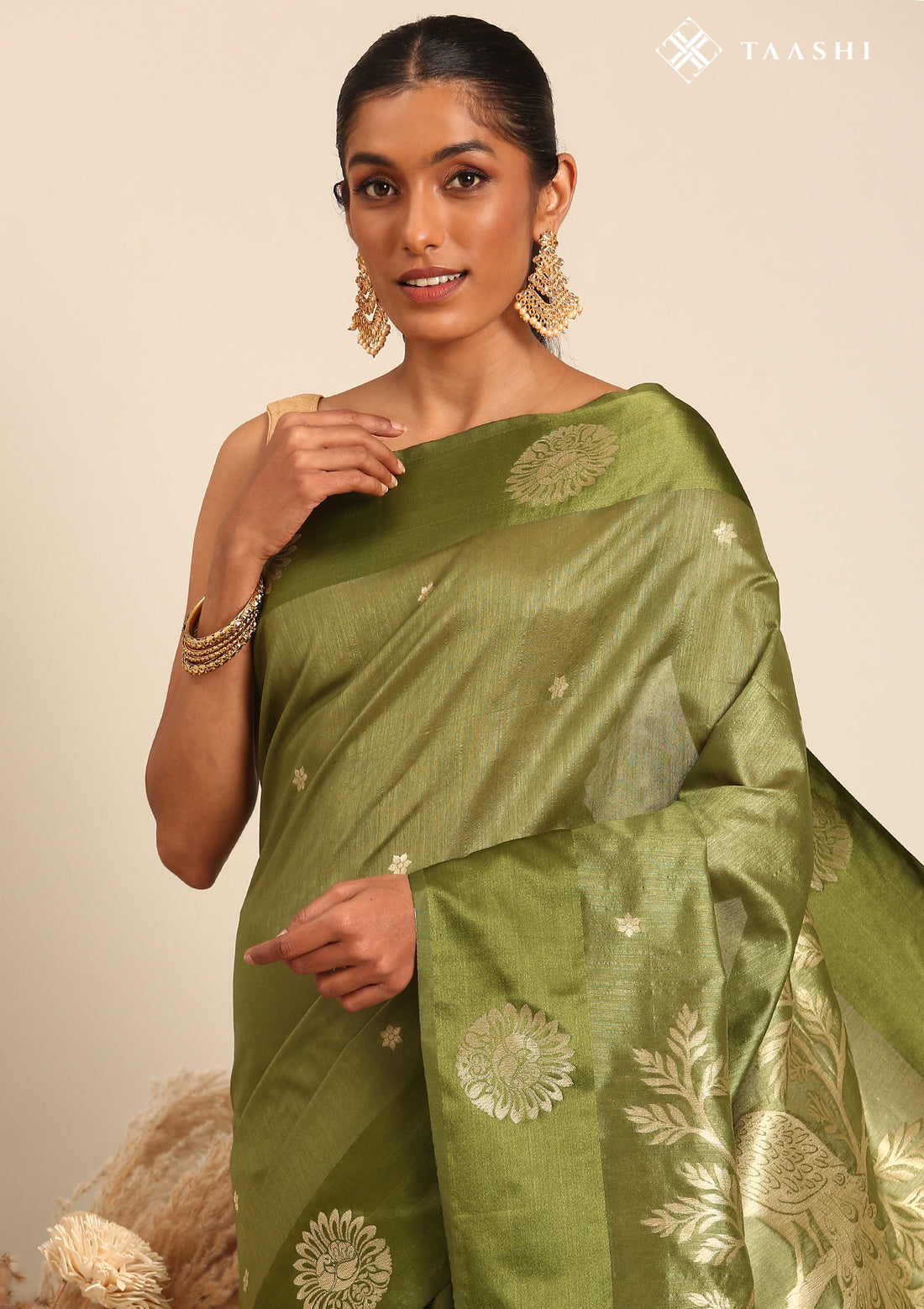 Olive Green Peacock Jacquard Pattern Tussar Saree