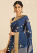 Navy Blue Bird Printed Tussar Saree - Taashi