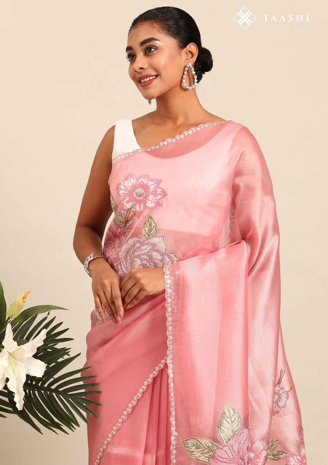 Pink Placement Embroidered Tissue Saree