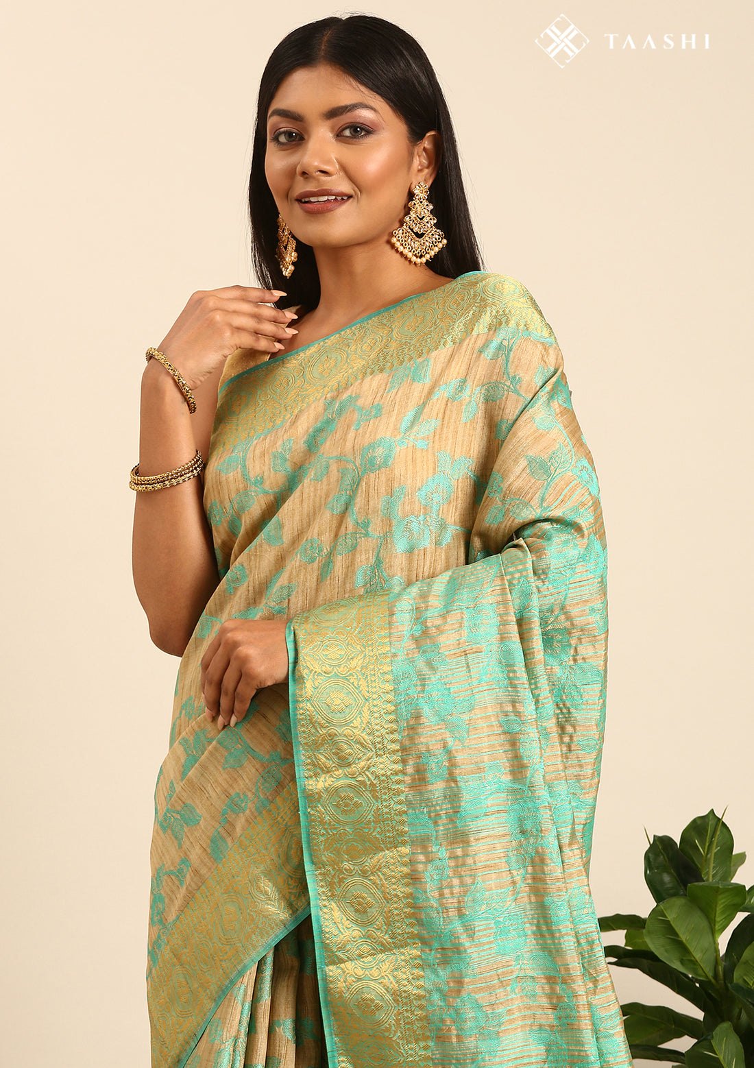 Beige And Turquoise Floral Woven Tussar Saree