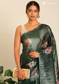 Metallic Dark Green Printed And EmbroideRed Organza Saree - Taashi