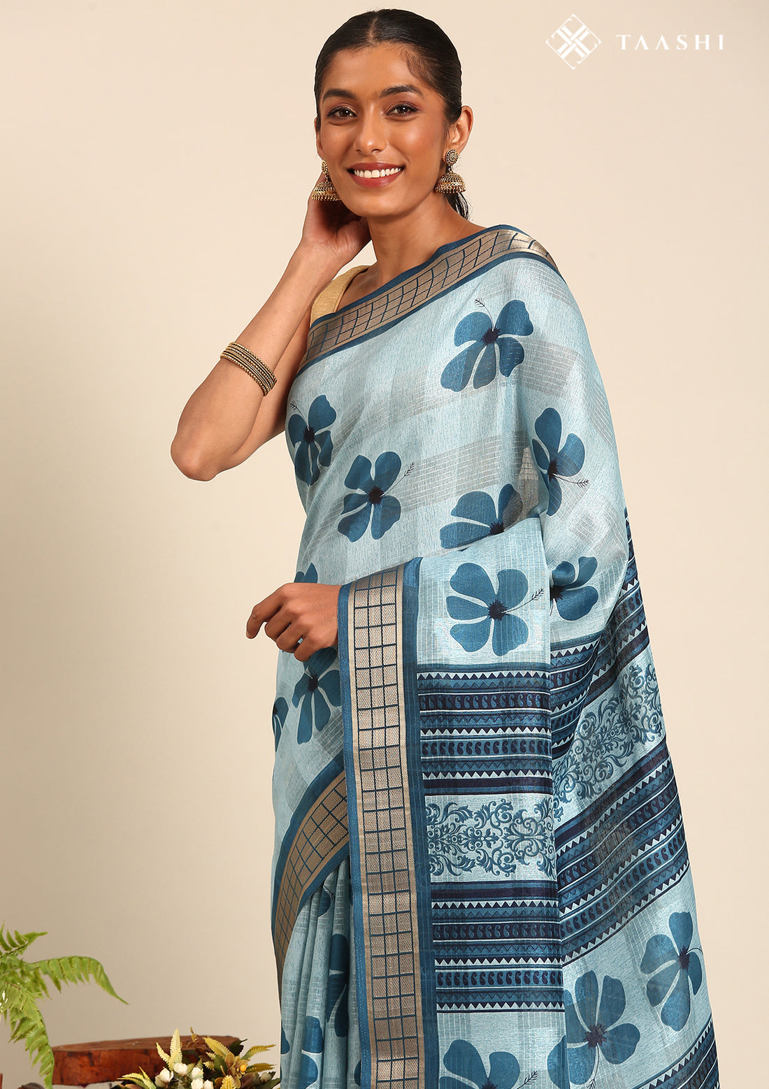 Powder Blue Hibiscus Printed Tussar Saree