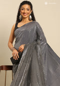 Black A/O Sequin EmbroideRed Crepe Saree - Taashi