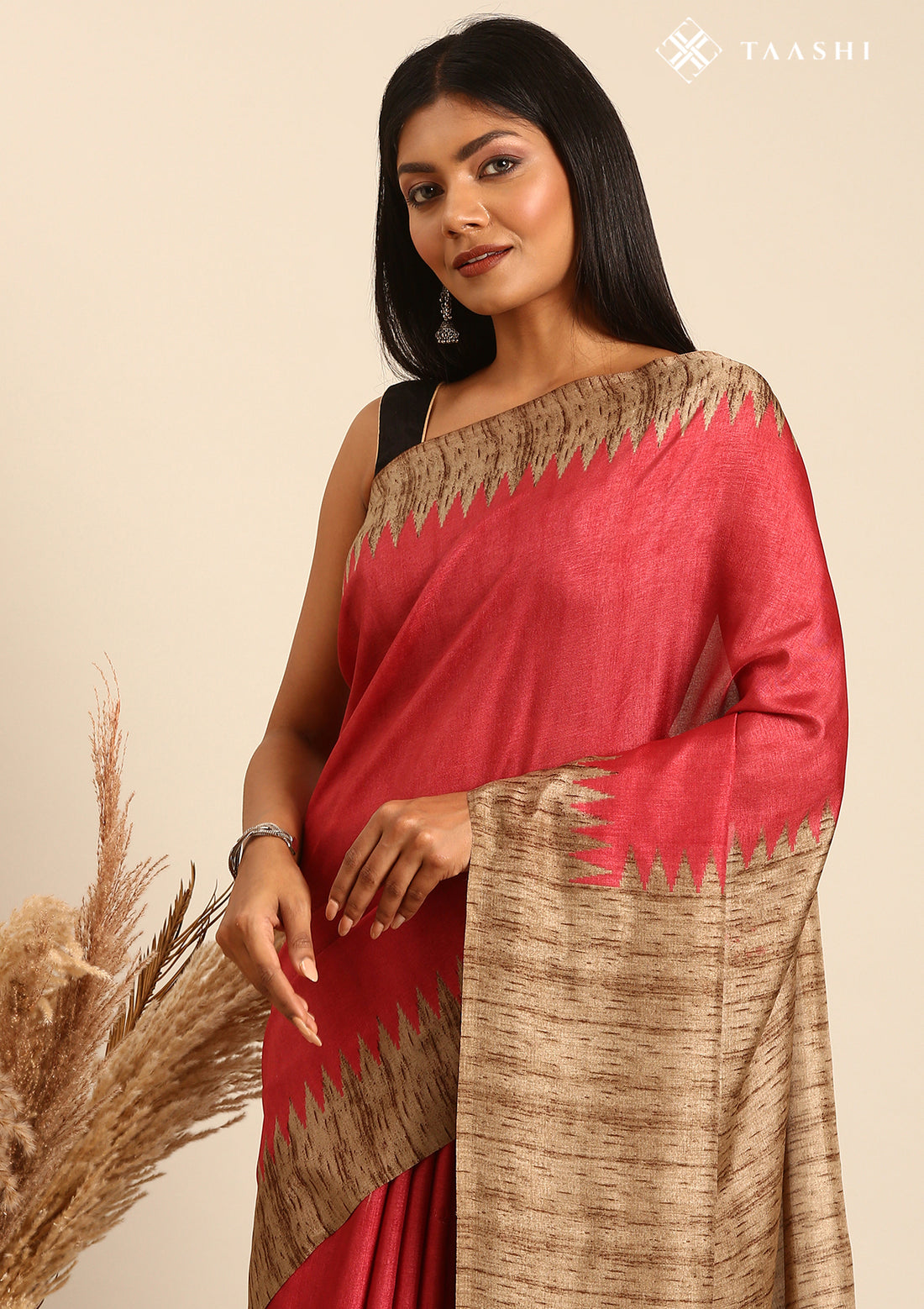 Dusty Pink Temple Border Printed Tussar Saree