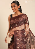 Brown Batik Printed Art Tussar Matka Silk Saree - Taashi