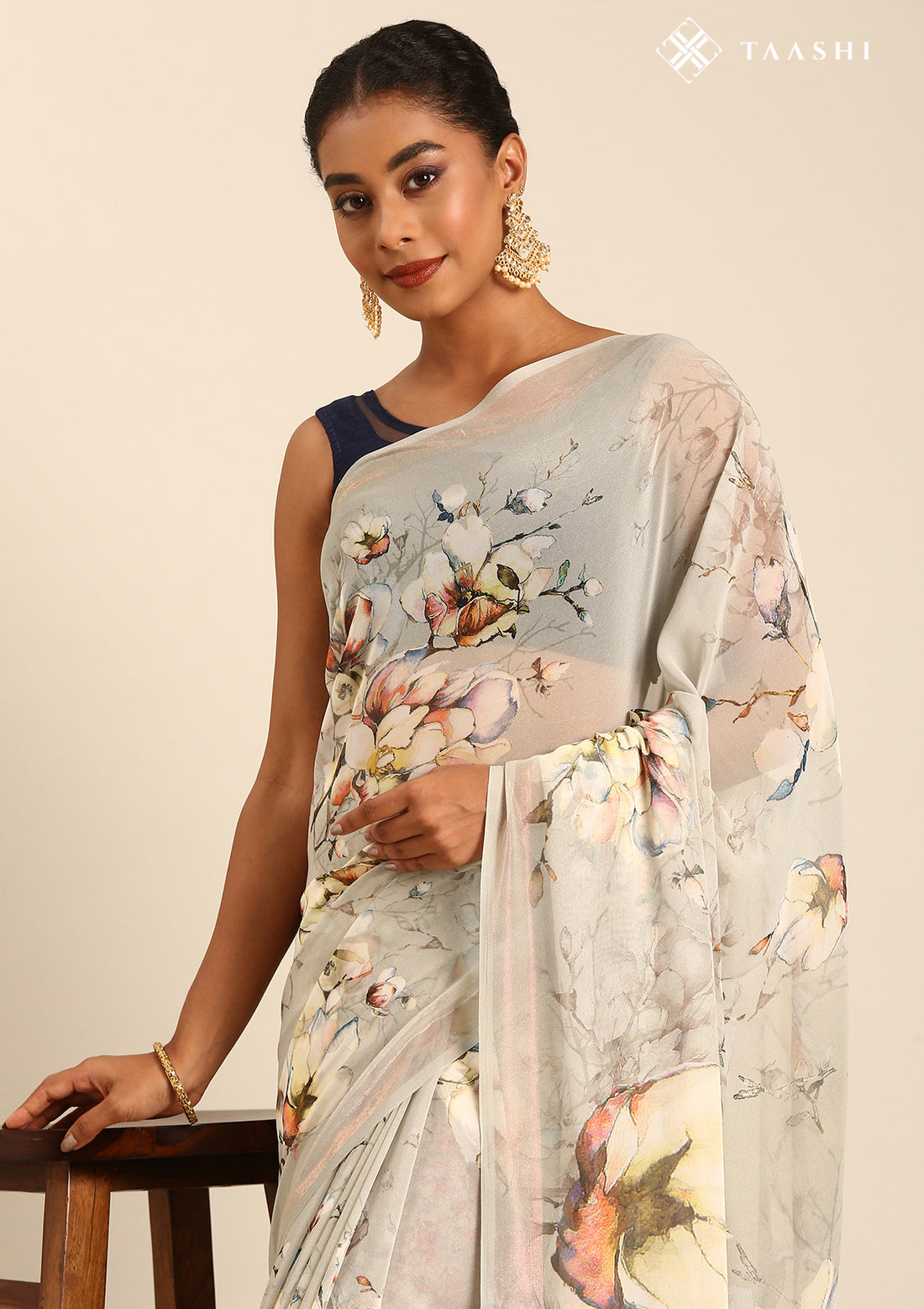 Pastel Sage Green Watercolor Floral Printed Georgette Saree