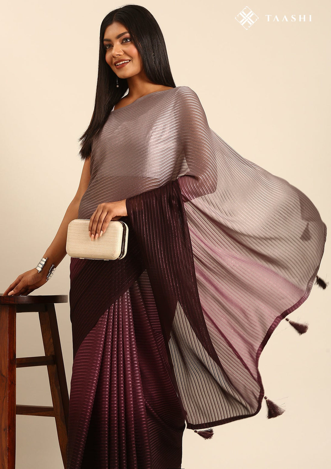 Purple & Grey Contemporary Woven Chiffon Saree