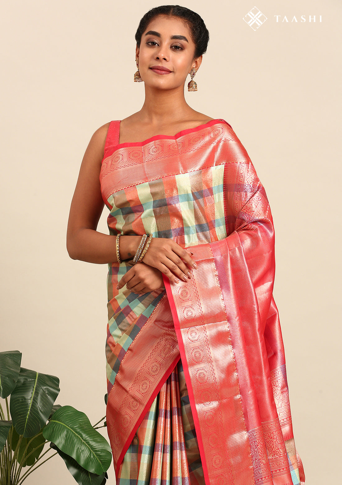Multicolor Madras Checked Tissue Brocade Kanchipuram Saree