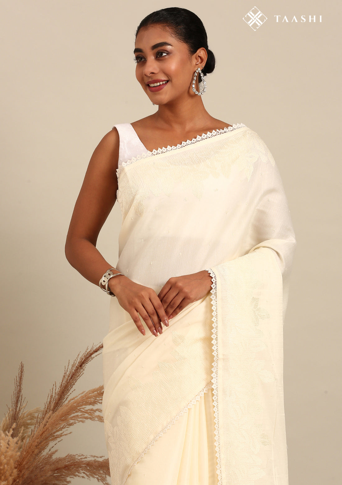 White Leaf Embroidered Tussar Saree