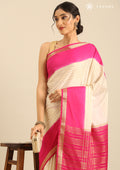 Cream And Magenta Woven Stripes 2D Dyed Crepe Saree - Taashi