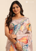 Dusty Brown Leaf Digital Printed Crepe Saree - Taashi
